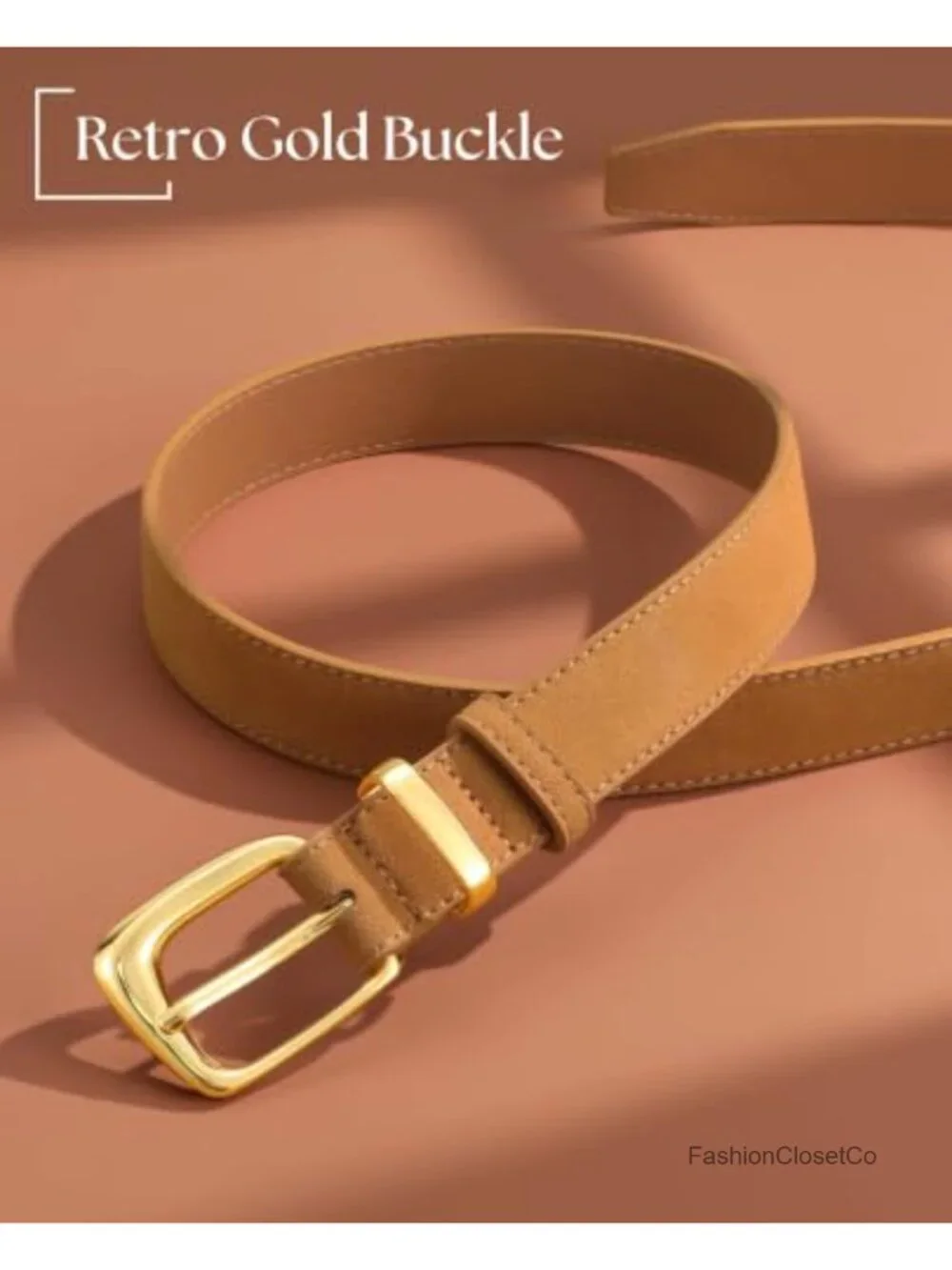Women's Suede Leather Belt Vintage Gold Buckle Waist Belt
